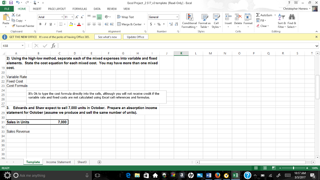 Solved Excel Project 2 S17 v3template [Read-Only)-Excel E | Chegg.com