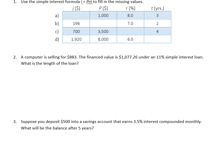 Solved 1. Use the simple interest formulai- Prt to fill in | Chegg.com