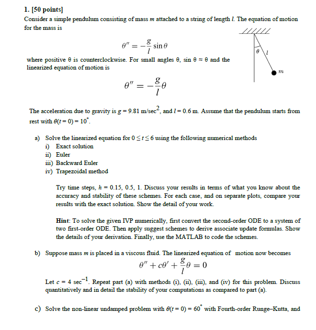 Solved 1. [50 point:s] Consider a simple pendulum consisting | Chegg.com