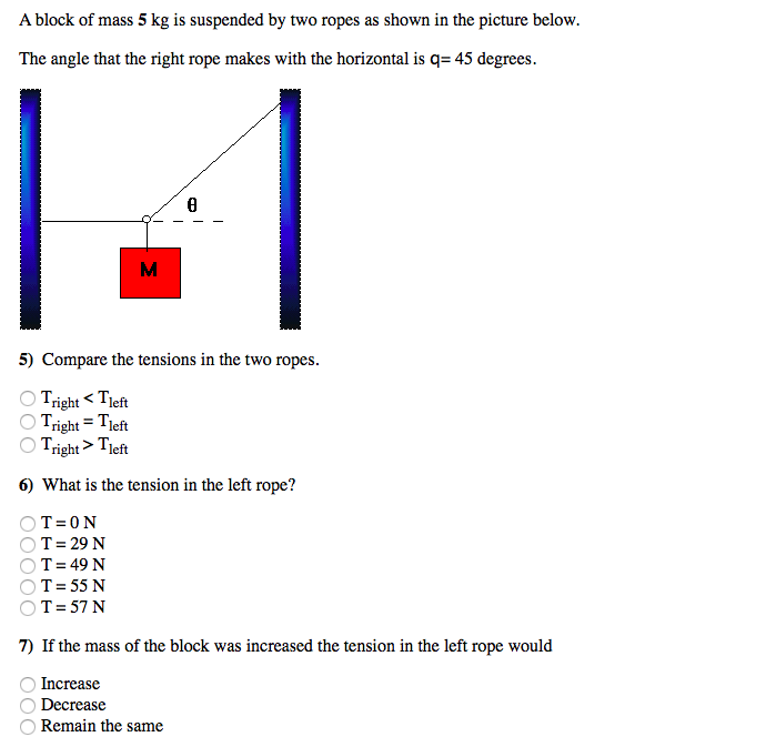 Solved A block of mass 5 kg is suspended by two ropes as Chegg