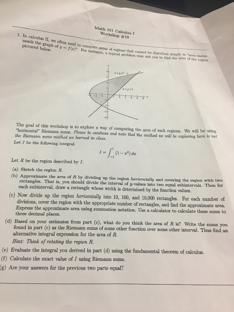 Math 151 Calculus I Workshop #10 1. In Calculus II, | Chegg.com