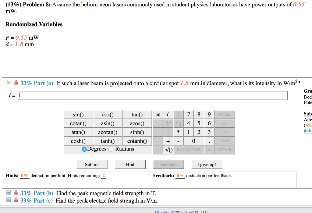 Solved (13%) Problem 8: Assume the helium-neon lasers | Chegg.com