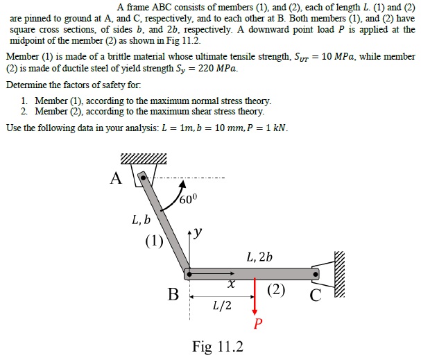 Solved A frame ABC consists of members (1), and (2), each of | Chegg.com