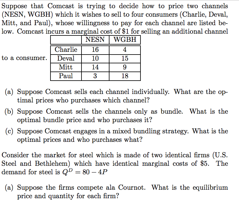 Solved Suppose That Comcast Is Trying To Decide How To Price | Chegg.com