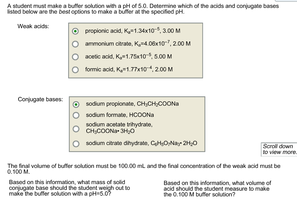 Solved A student must make a buffer solution with a pH of