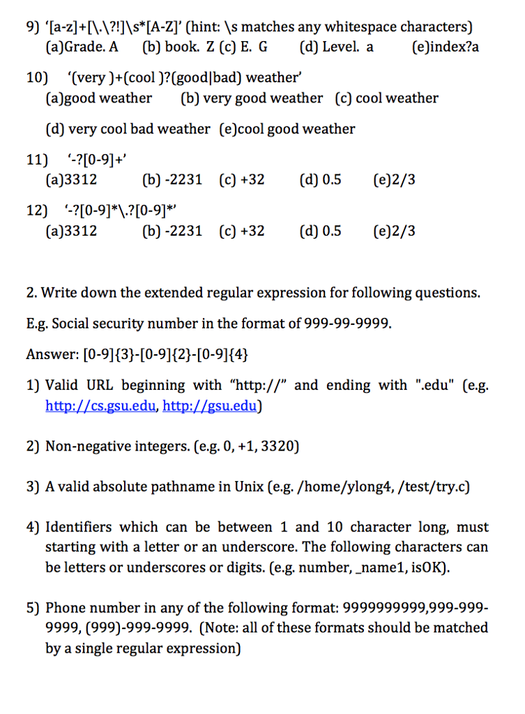 Solved Part II: Regular Expression 1. Chose Match(es) For | Chegg.com