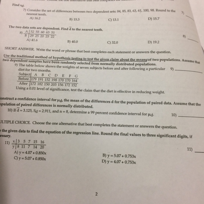 Solved Find sd. Consider the set of differences between two | Chegg.com