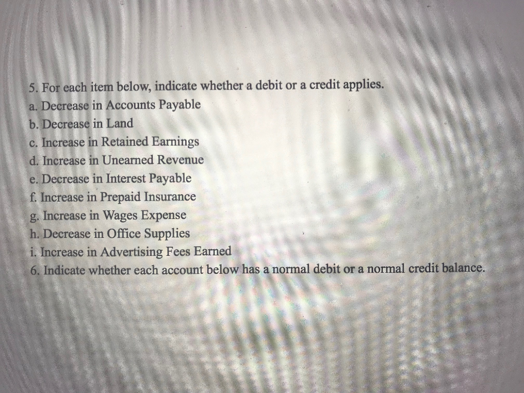 Solved 5. For each item below, indicate whether a debit or a | Chegg.com