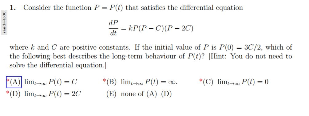 Solved 1. Consider the function P - P(t) that satisfies the | Chegg.com