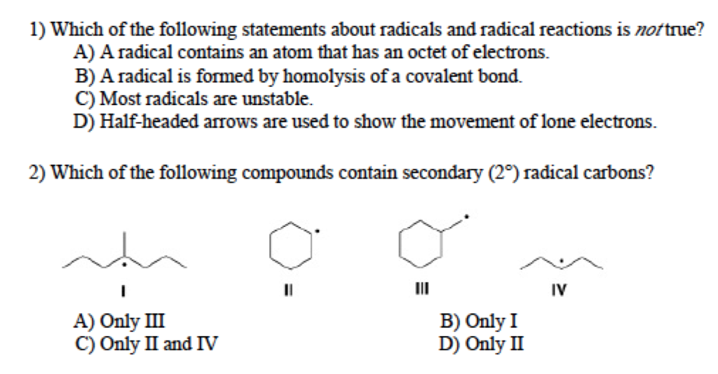 Solved 1) Which of the following statements about radicals | Chegg.com
