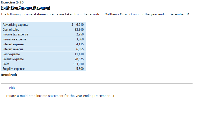 Solved Exercise 2-20 Multi-Step Income Statement The | Chegg.com