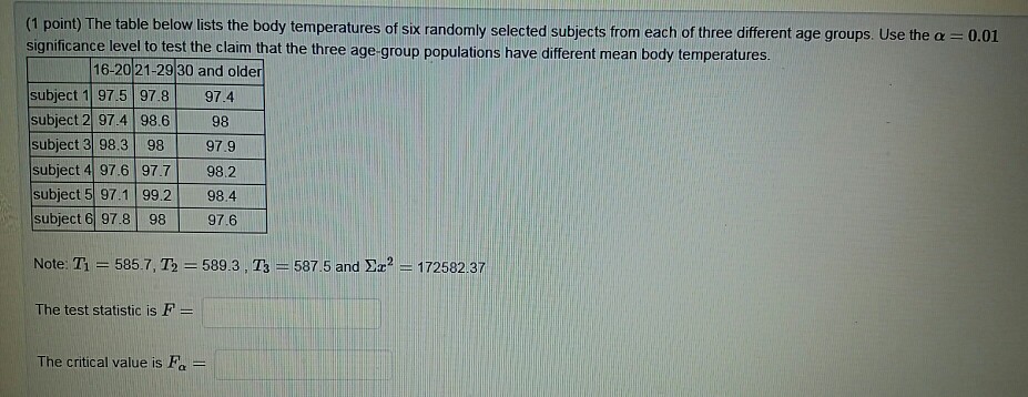 Solved (1 point) The table below lists the body temperatures | Chegg.com