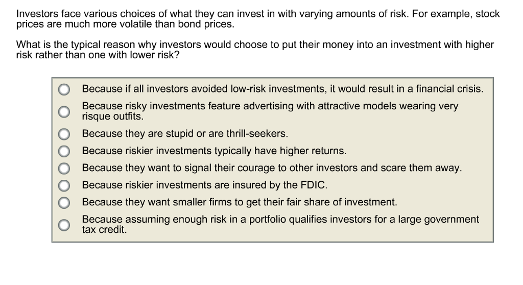 Solved nvestors face various choices of what they can invest | Chegg.com