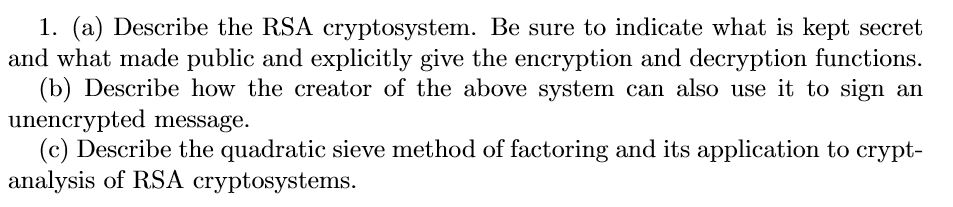 Solved 1 a Describe The RSA Cryptosystem Be Sure To Chegg