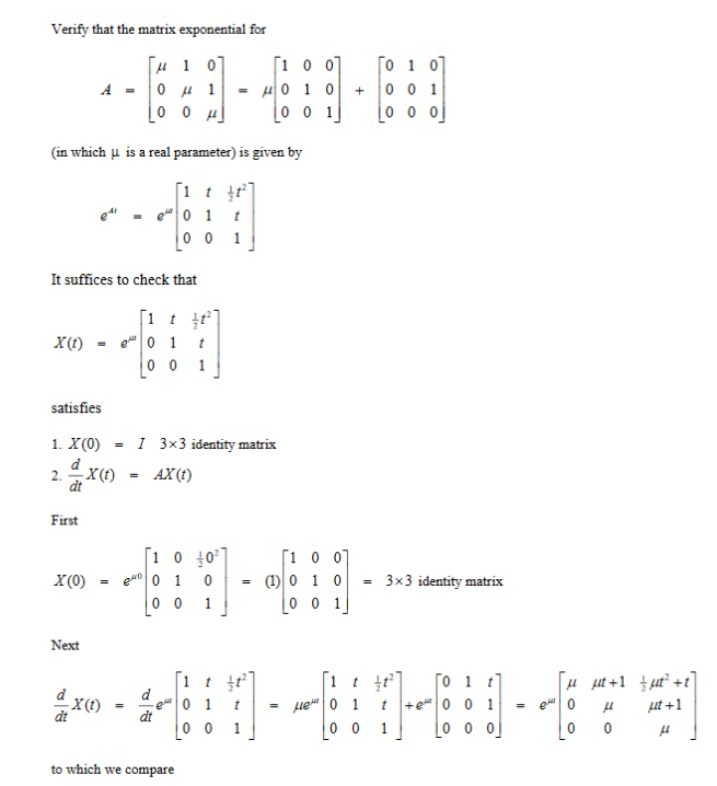 Solved Verify that the matrix exponential for A-10 μ 11-μ|0 | Chegg.com