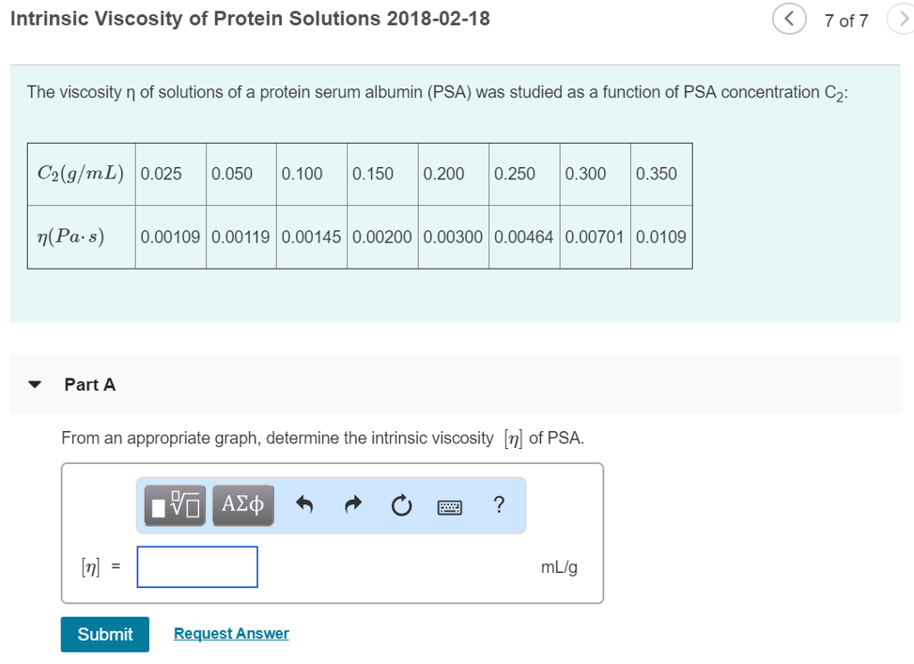 Intrinsic Viscosity of Protein Solutions 2018-02-18 | Chegg.com