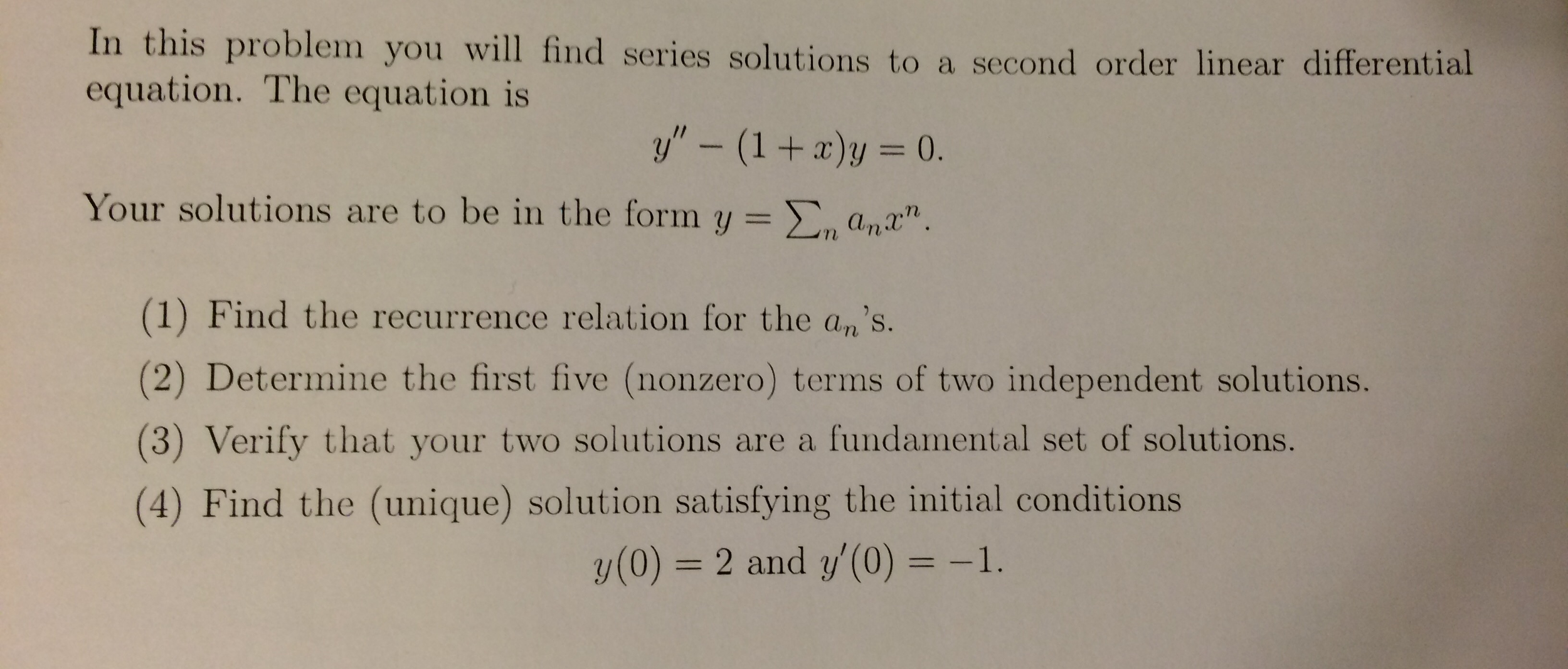 Power Series for Second order Differential Equation | Chegg.com