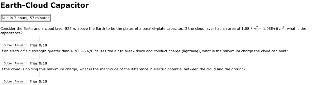 Solved Earth-Cloud Capacitor Due in 7 hours, 57 minutes | Chegg.com