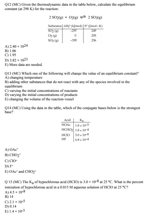 Solved Q12 (MC) Given the thermodynamic data in the table | Chegg.com