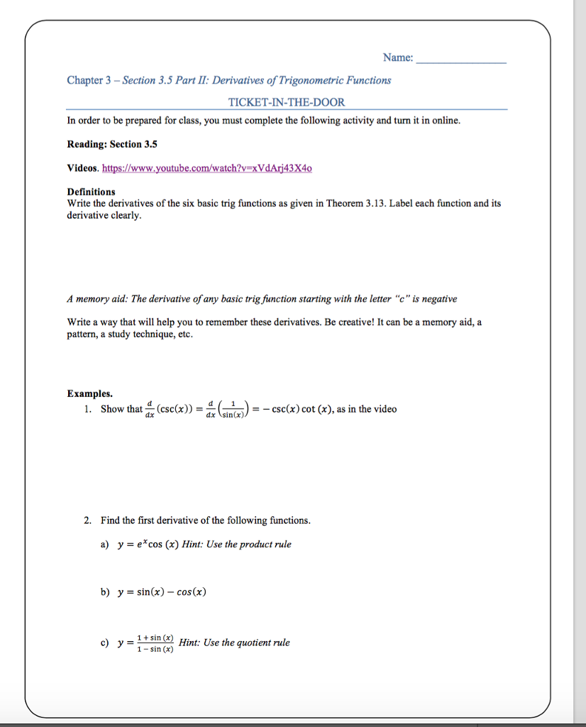 Solved Name: Chapter 3-Section 3.5 Part II: Derivatives of | Chegg.com