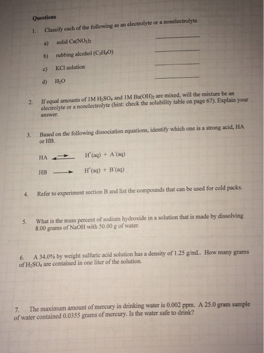 Solved Classify each of the following as an electrolyte or a | Chegg.com