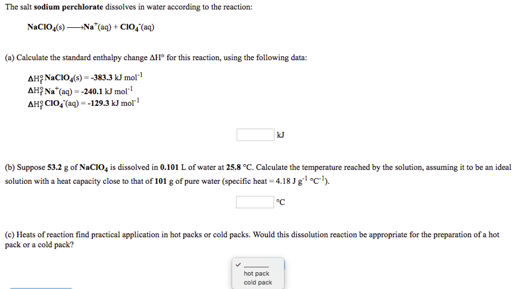 Solved The salt sodium perchlorate dissolves in water | Chegg.com