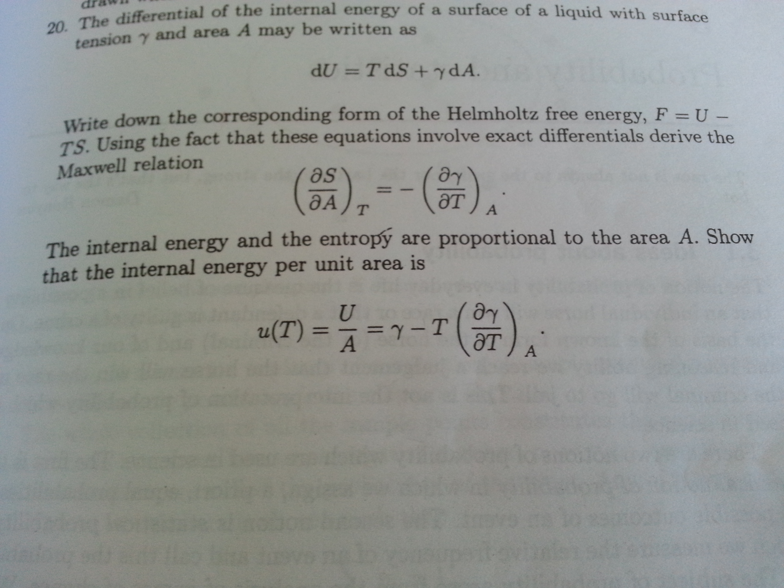 The differential of the internal energy of a surface