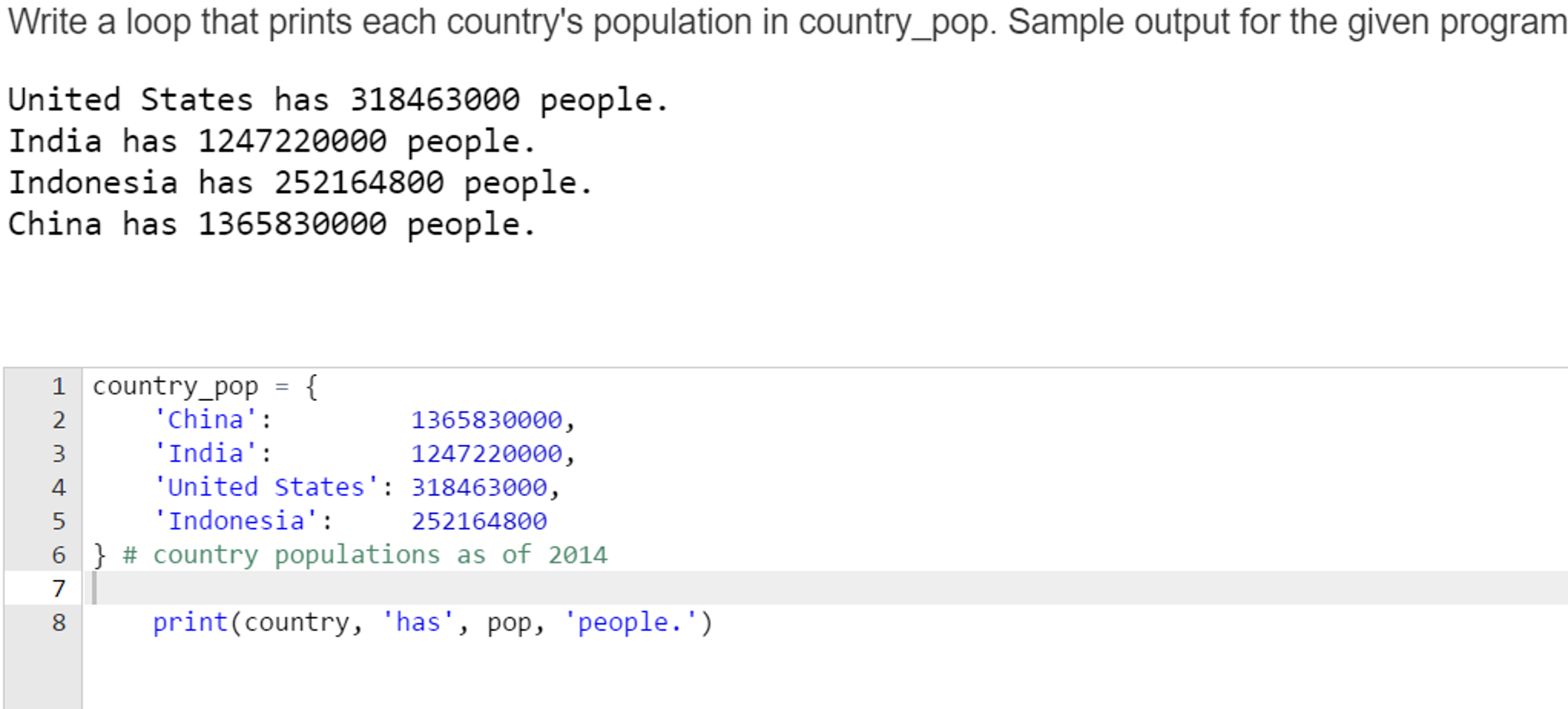 Solved Write a loop that prints each country's population in | Chegg.com