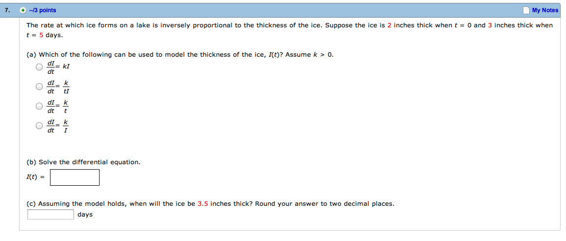 Solved The rate at which ice forms on a lake is inversely | Chegg.com