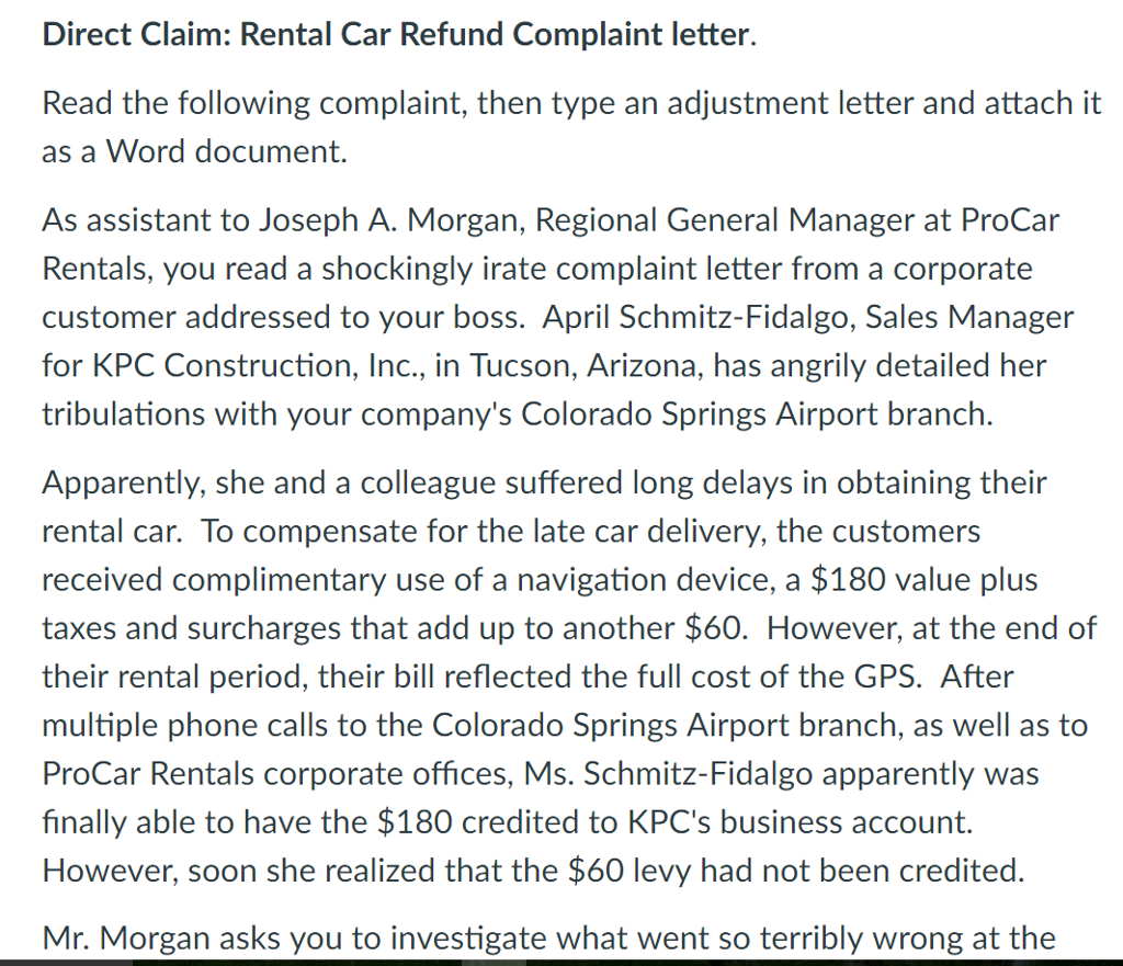 Direct Claim Rental Car Refund Complaint Letter.