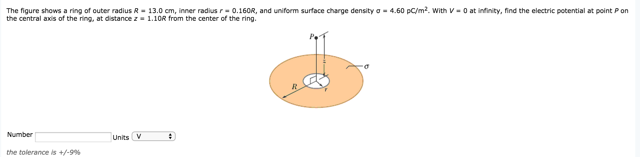 Solved The figure shows a ring of outer radius R = 13.0 cm, | Chegg.com