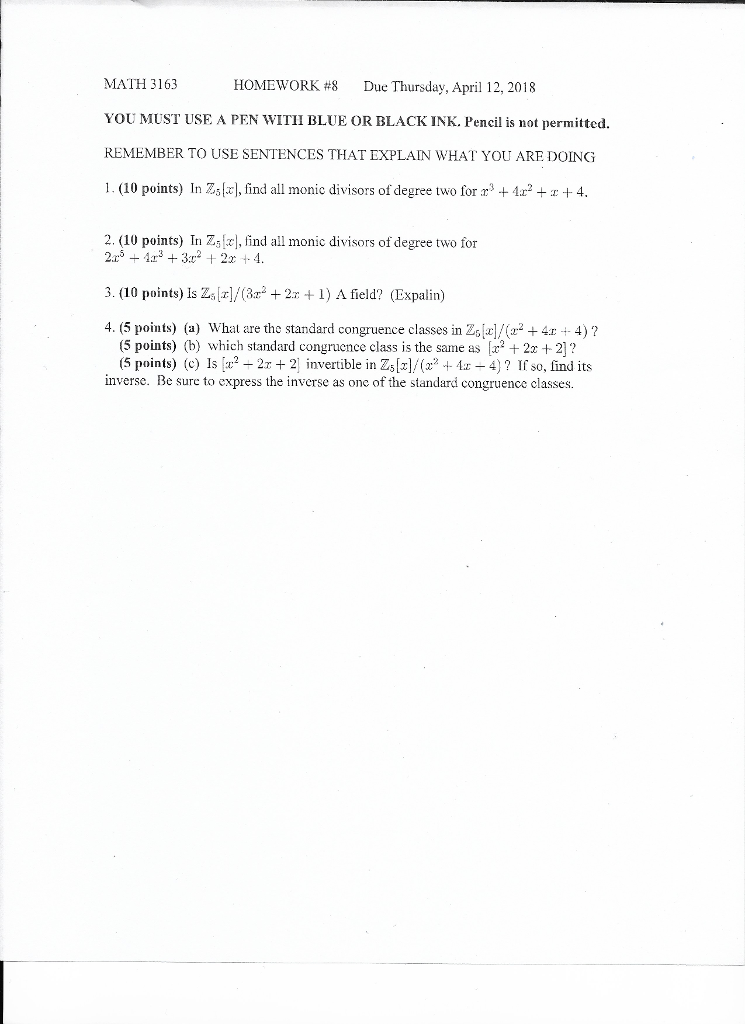 Solved MATH 3163 YOU MUST USE A PEN WITII BLUE OR BLACK INK Chegg