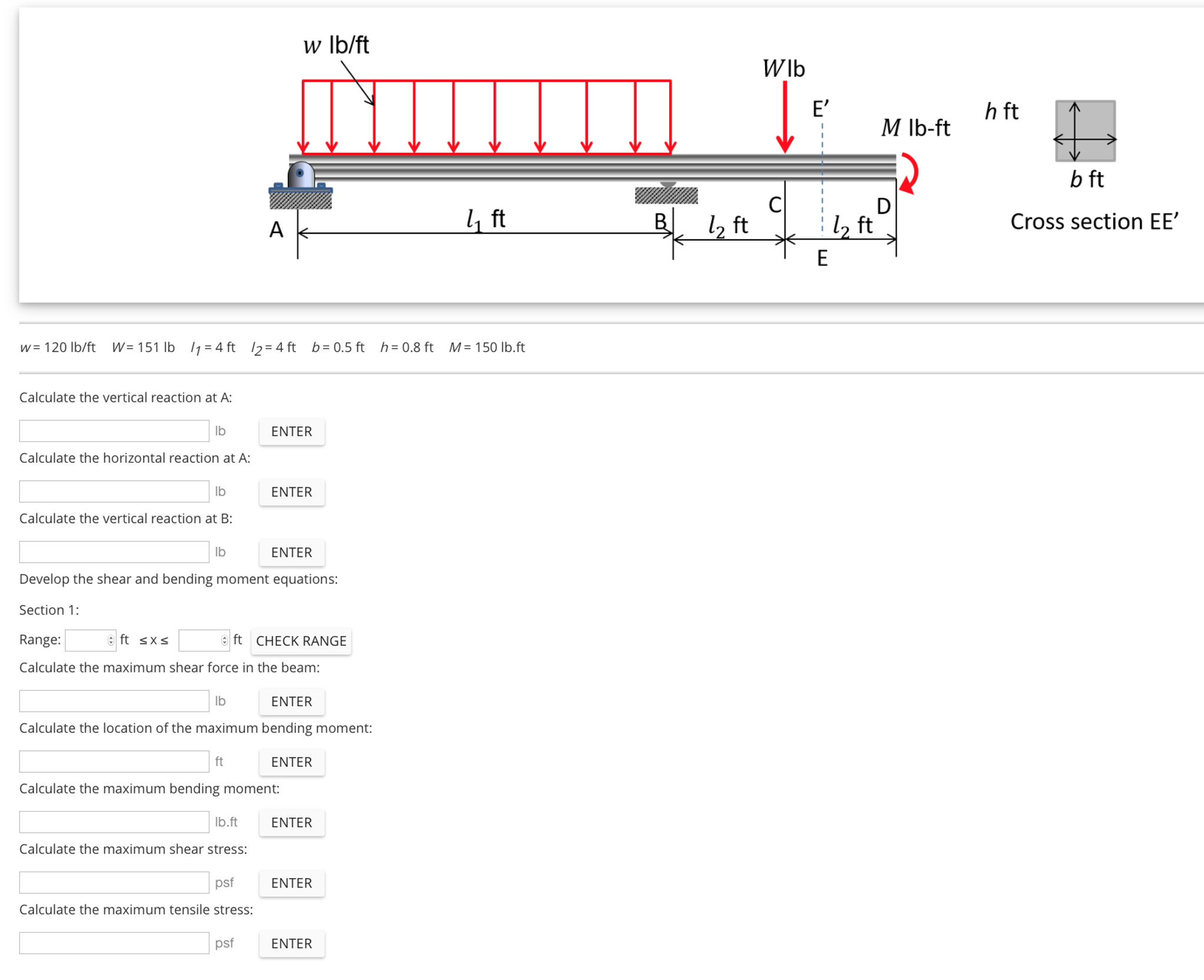 Solved w = 120 lb/ft W = 151 lb I_1 = 4 ft I_2 = 4 ft b =