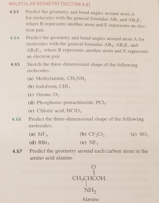Solved MOLECULAR GEOMETRY (SECTION 4.8) 4.63 Predict the | Chegg.com
