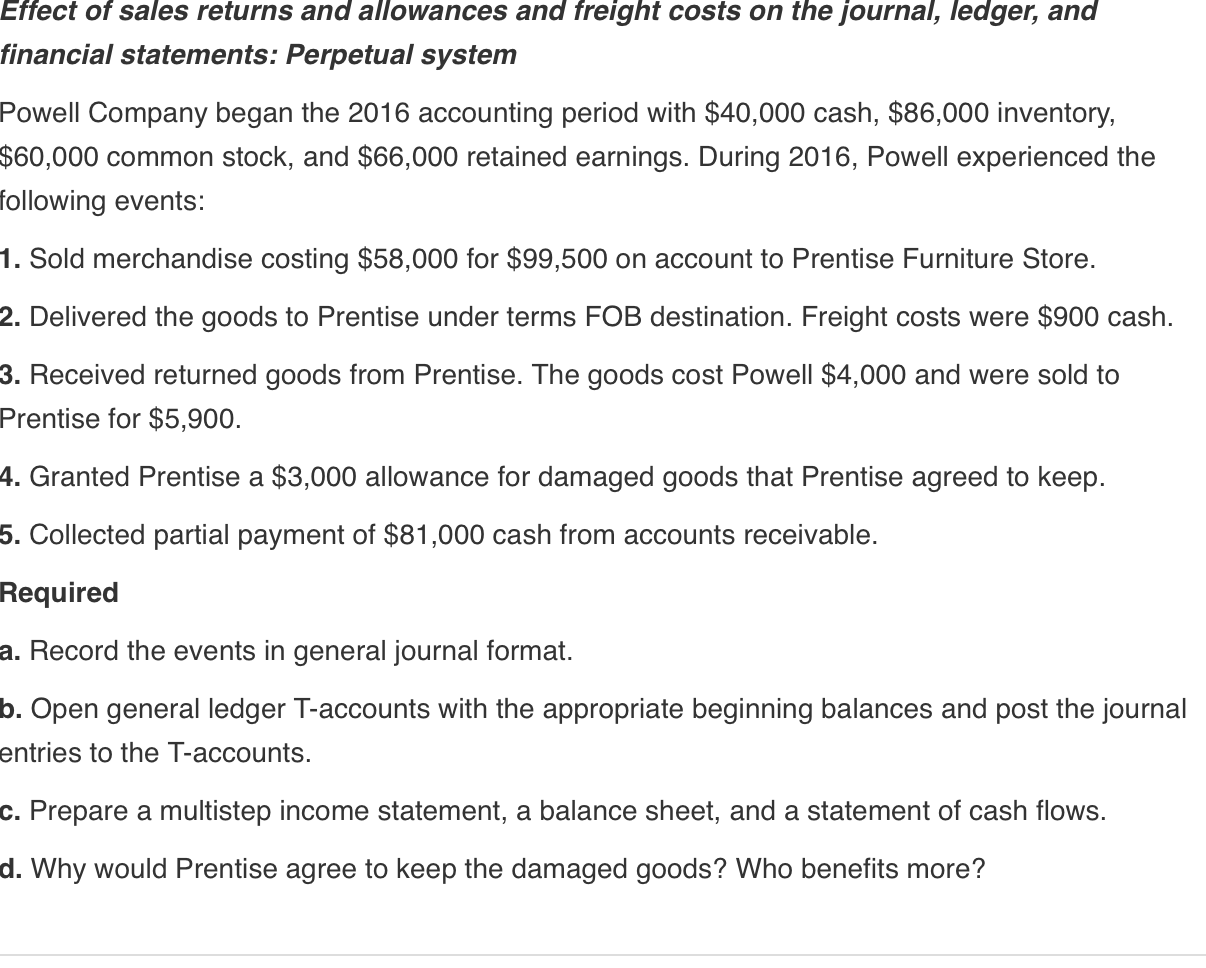 Solved Effect of sales returns and allowances and freight