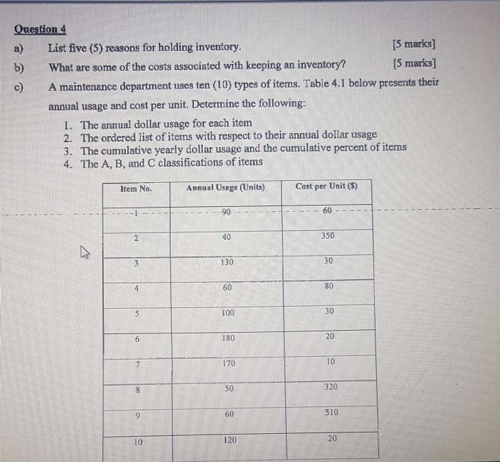 Solved a) List five (5) reasons for holding inventory. b)