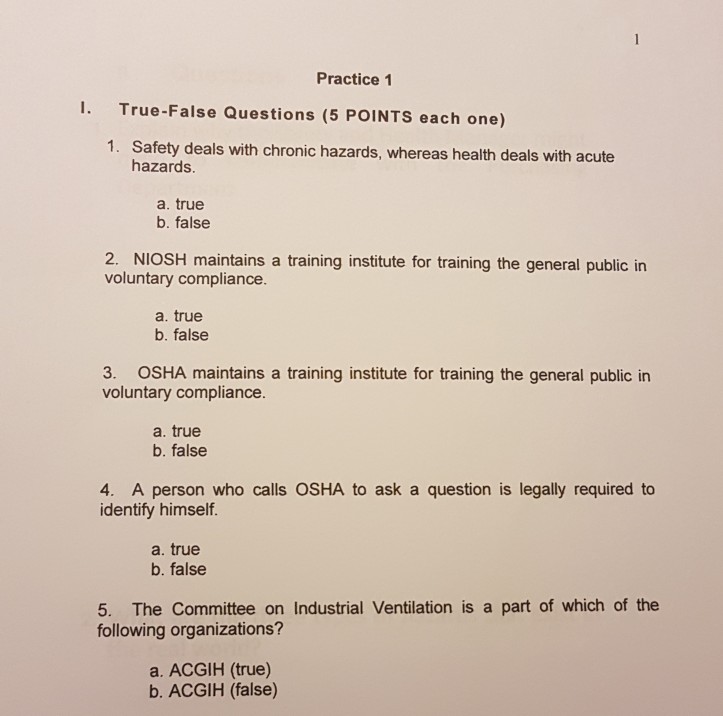 Solved Practice1 I. True-False Questions (5 POINTS each one) | Chegg.com