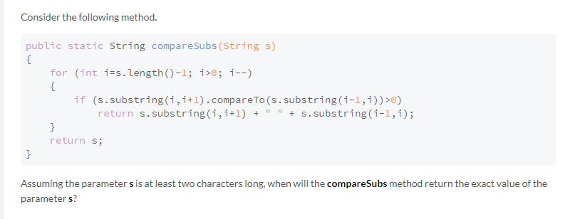 Solved Consider the following method. public static String | Chegg.com