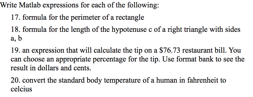 Solved Write Matlab expressions for each of the following: | Chegg.com
