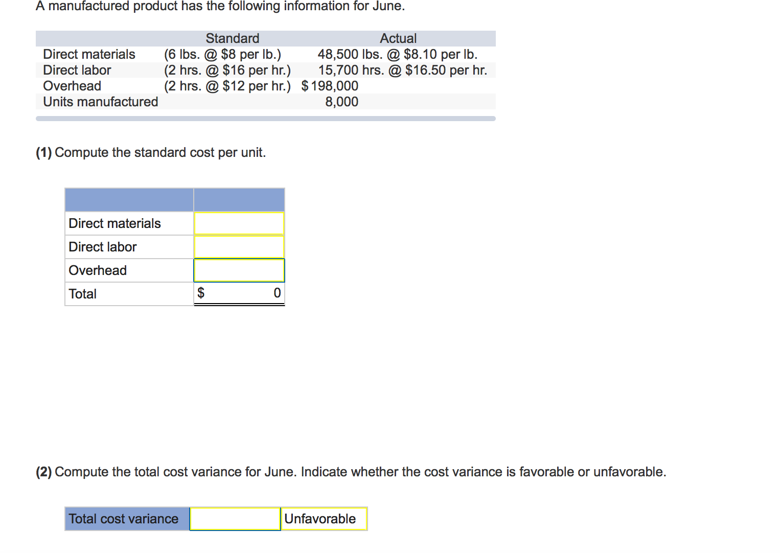 Solved A manufactured product has the following information