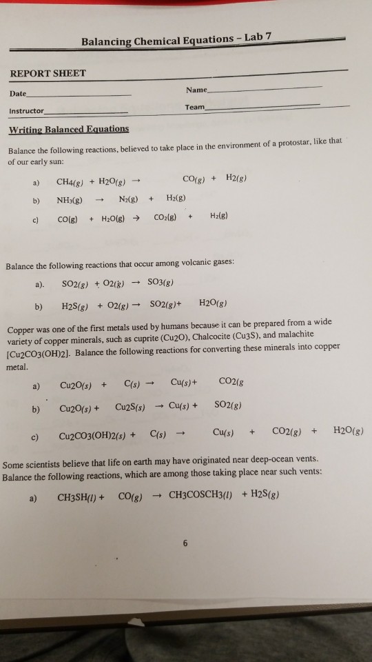 Solved Balancing Chemical Equations Lab 7 REPORT SHEET