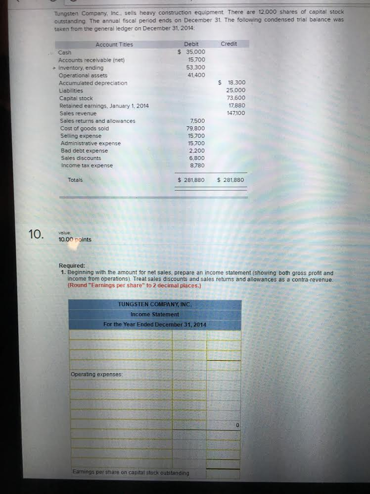 Solved Tungsten Company, Inc. sells heavy construction