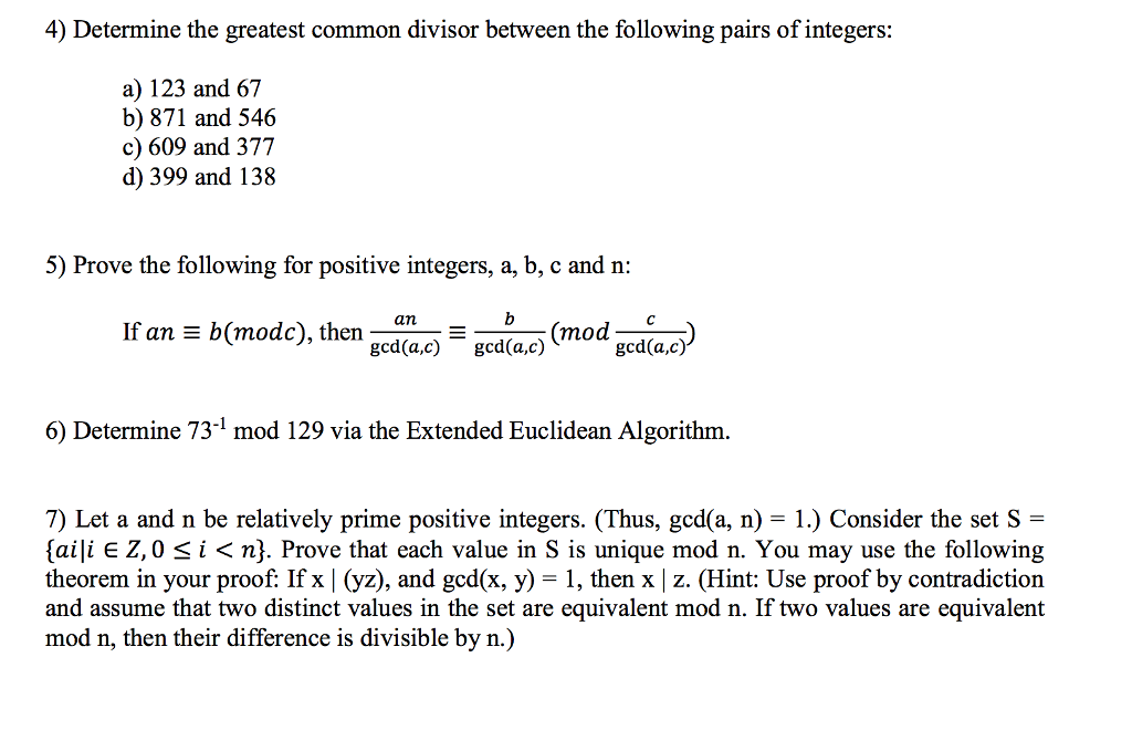 Solved Determine The Greatest Common Divisor Between The | Chegg.com