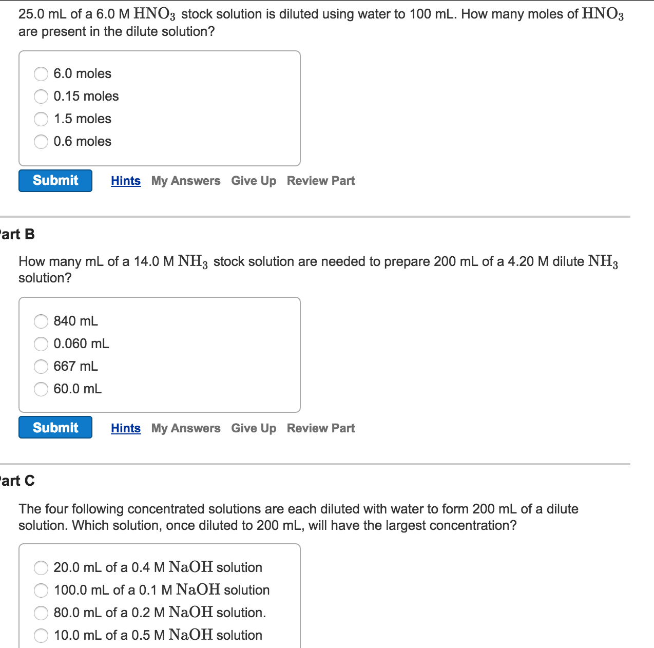 Solved 25.0 mL of a 6.0 M HNO_3 stock solution is diluted
