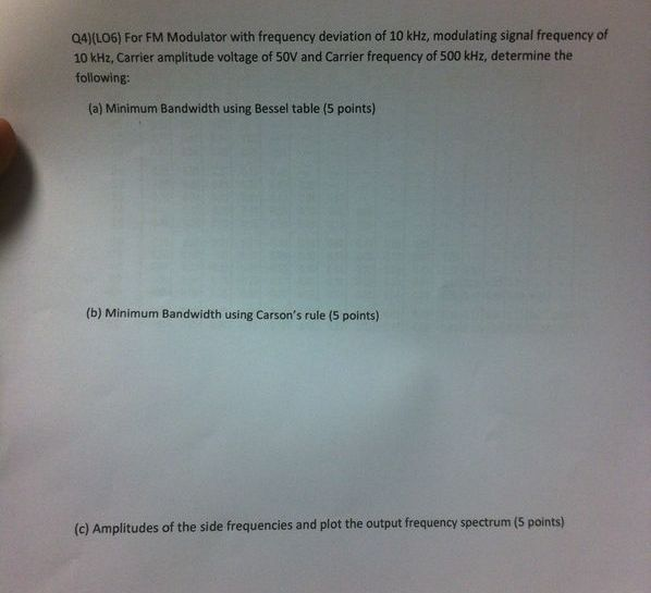 Solved For FM Modulator with frequency deviation of 10 kHz,