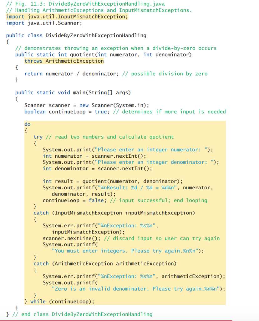 Solved // Fig. 11.3: DivideByZerowithExceptionHandling.java | Chegg.com