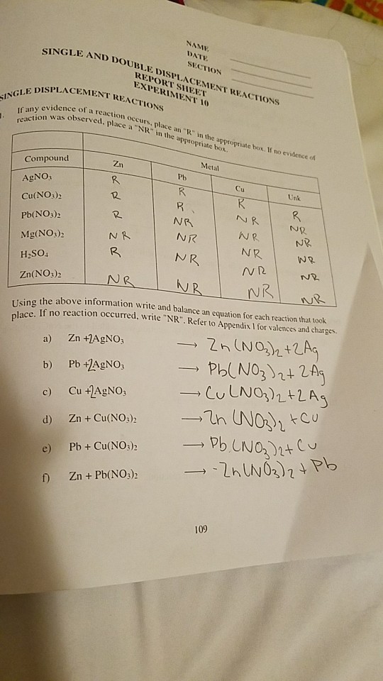 experiment 10 double displacement reactions answers