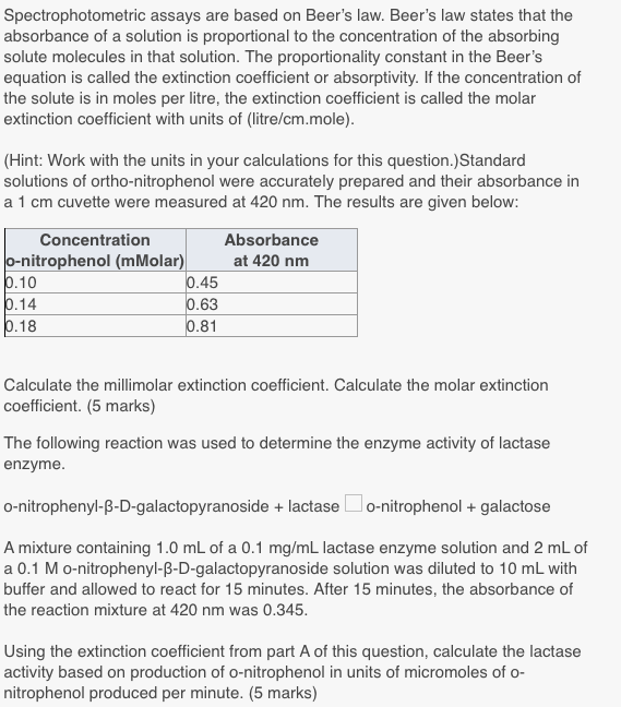 Solved Spectrophotometric assays are based on Beer's law.