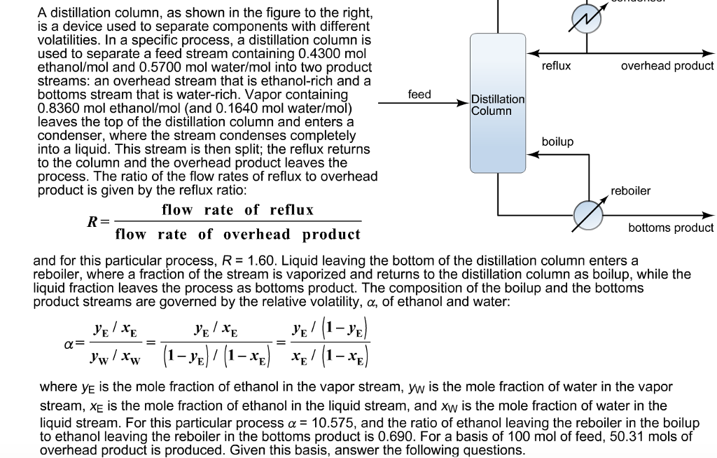 Solved A distillation column, as shown in the figure to the | Chegg.com