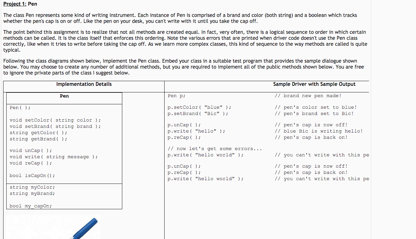 Solved Project 1: Pen The class Pen represents some kind of | Chegg.com